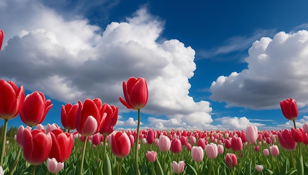 Campos de flores de tulipa com nuvens ao fundo