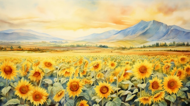 Campos de girassóis ao sol aquarela IA generativa