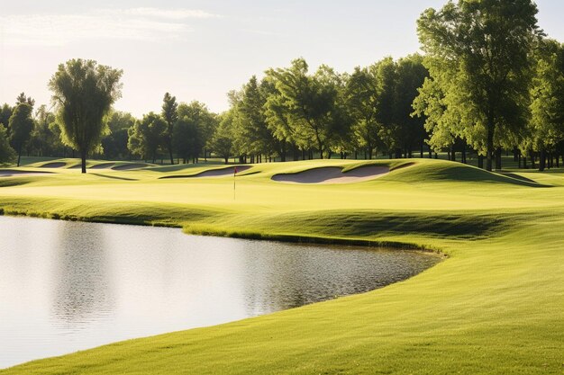 Campos de golfe iluminados pelo sol com campos de golfe cuidados