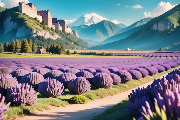 Campos de lavanda nas montanhas com um castelo ao fundo