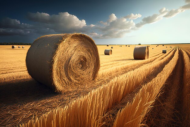 campos de trigo colhidos com feixes de palha ainda remanescentes nos campos de milho