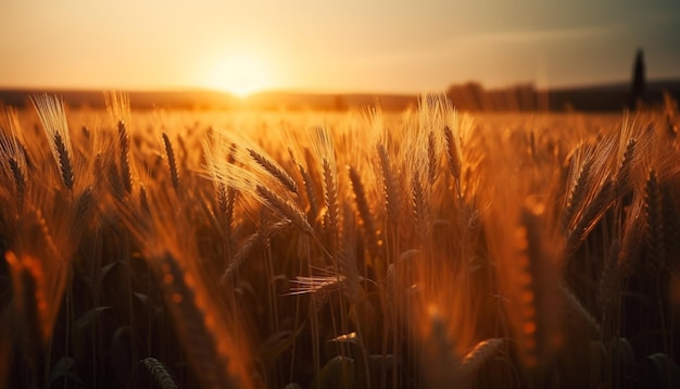 Campos de trigo dourados brilham ao pôr do sol gerados por IA