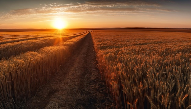 Campos de trigo dourados brilham no céu do pôr do sol gerado por IA