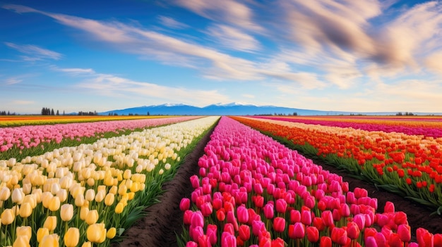 Campos de tulipas em um campo com montanhas ao fundo