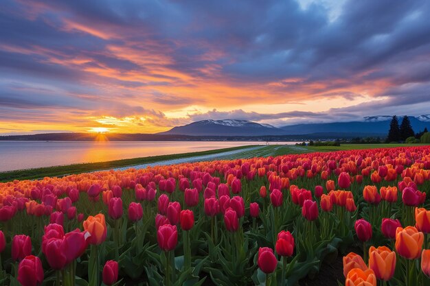 Campos de tulipas iluminados pelo sol que se estendem até o horizonte