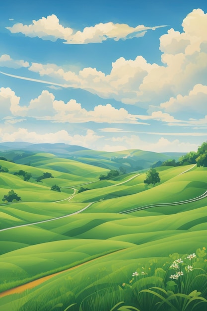 Campos de verão tranquilos Uma pintura de desenho animado feliz de paisagens serenas