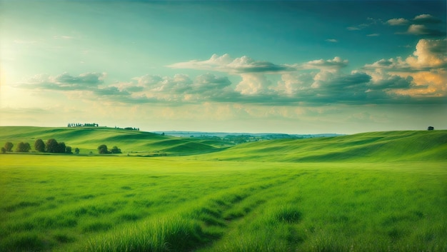 Campos de verde exuberante sob um céu de verão