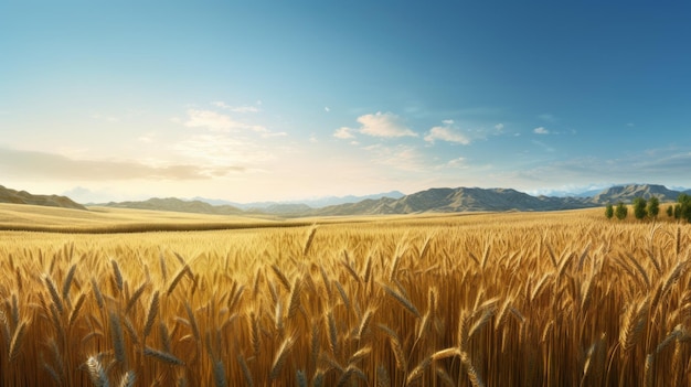 Campos dorados Renderización fotorrealista de un campo de trigo iluminado por el sol en un valle de montaña