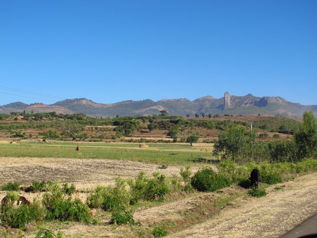 Campos e colinas no país da Etiópia, África