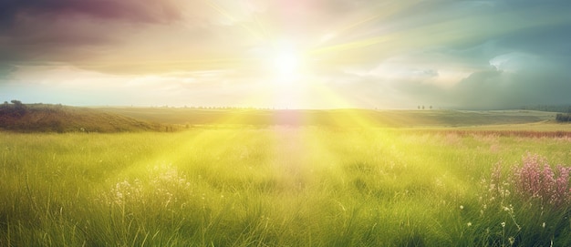 Campos e pastagens com grama verde exuberante sob o céu azul ensolarado do verão O fundo é sereno Generative AI