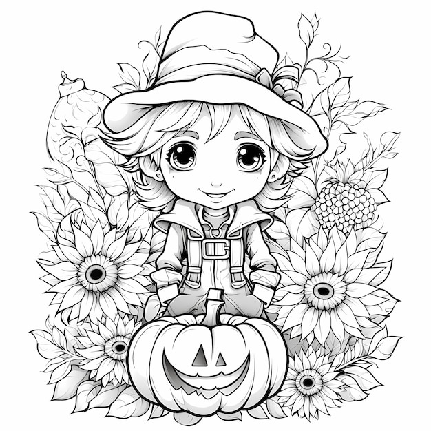 Campos de girasol y mancha de calabaza Kawaii Granja del espantapájaros Página para colorear