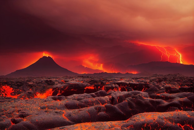 campos de lava fundida con torres altas y oscuras de piedra