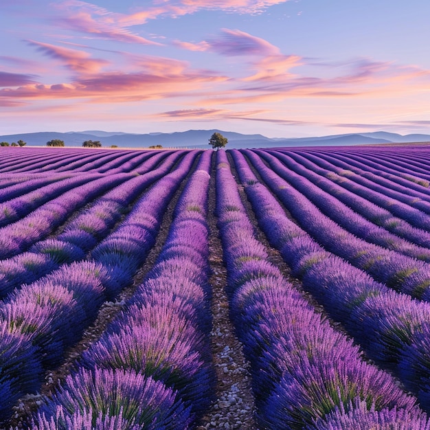 Campos de lavanda Paisaje de puesta de sol hermoso campo de lavanda con el fondo de la puesta de sol