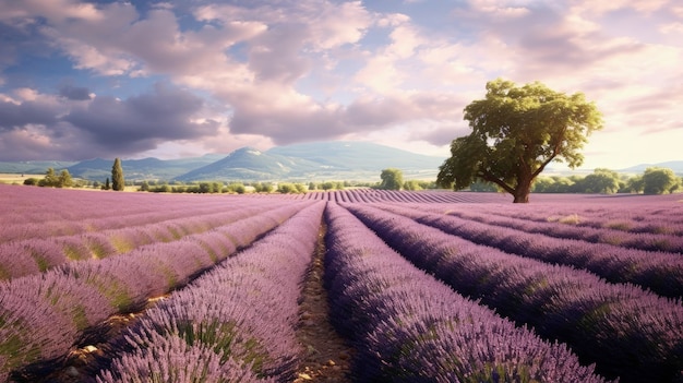Los campos de lavanda de Provenza, Francia, florecen púrpuras perfumadas creadas con tecnología de IA generativa.