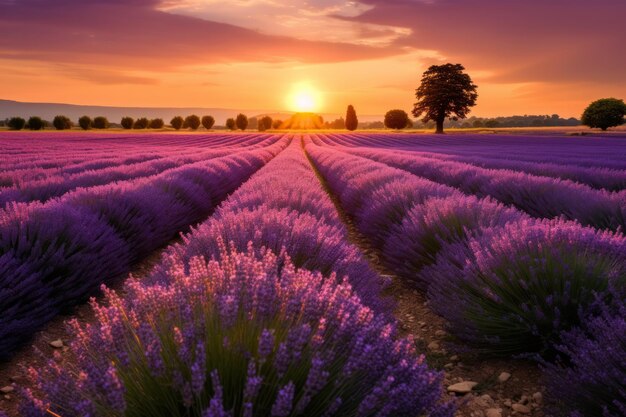 Foto campos de lavanda con una puesta de sol en el fondo