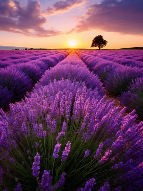 Campos de lavanda púrpura con un árbol en el fondo.