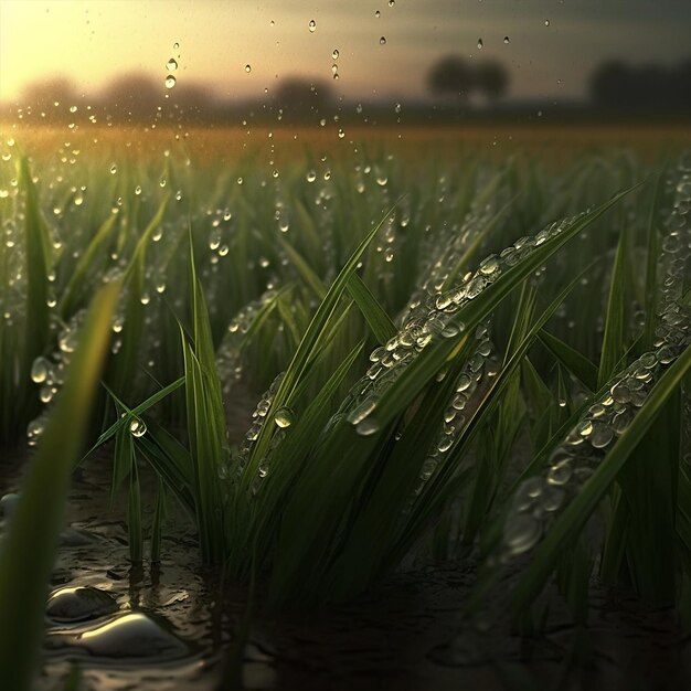 Campos llenos de gotas de rocío de arroz IA generativa