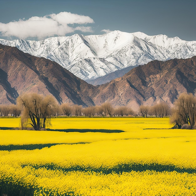 Campos de mostaza dorada y montañas nevadas del Himalaya en CachemiraAI Generated