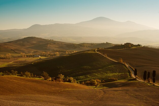 Campos ondulados en Toscana al atardecer, Italia. Fondo de otoño estacional al aire libre natural.