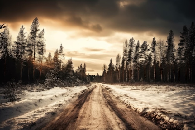 Campos en el paisaje durante el invierno Bosques de coníferas de invierno con nubes cubriéndolo