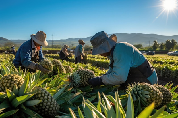 Foto campos de piñas durante la temporada de cosecha con trabajadores que recogen cuidadosamente a mano las piñas maduras