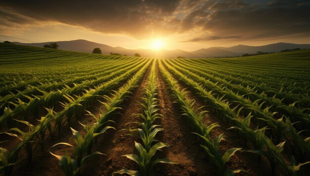 Los campos reman frente a una puesta de sol.