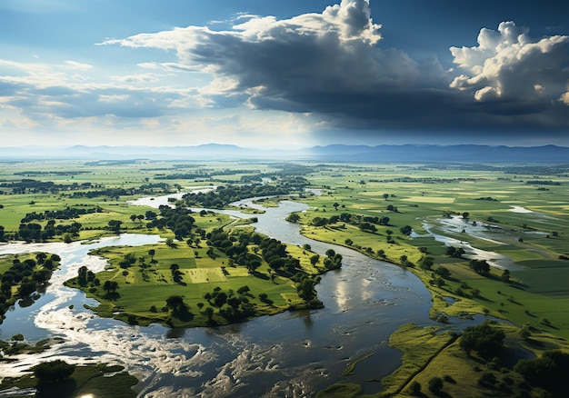 Campos rurais inundados após uma grande tempestade com muita chuva Alteração climática gerada pela IA