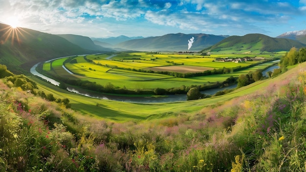 Campos en el valle de la montaña