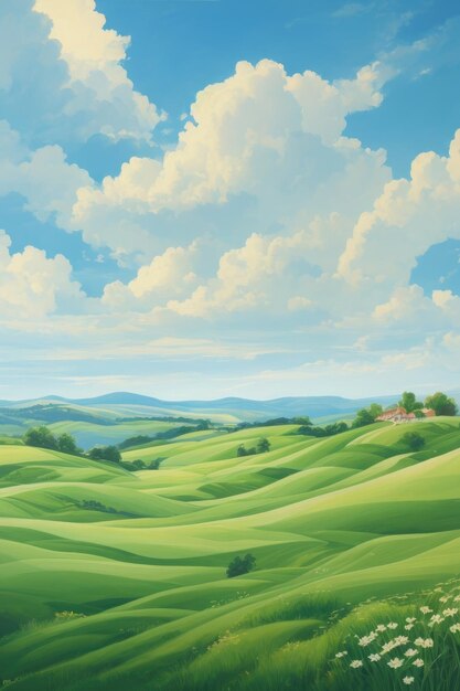 Campos de verano tranquilos Una pintura de dibujos animados dichosa de paisajes serenos