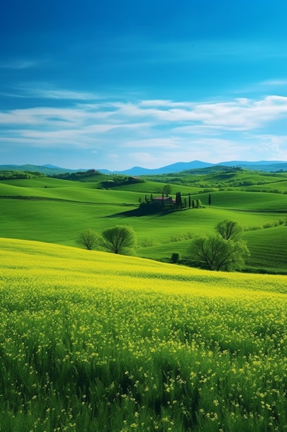 Campos verdes con un cielo azul y un campo verde con una casa al fondo.