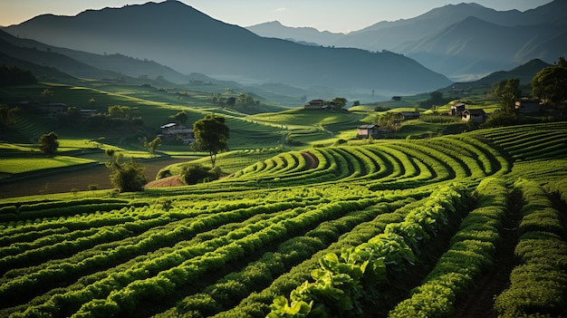 Campos verdes e exuberantes de plantio