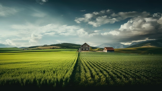 Campos verdes e paisagem de casa