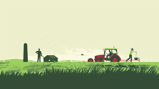 Campos verdes e um fazendeiro em um trator O fazendeiro está arando o campo Há uma casa no fundo A imagem é em um estilo de desenho animado plano
