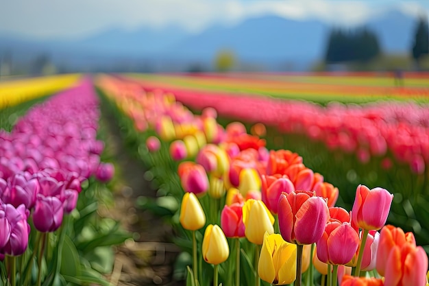 Campos vívidos de tulipas em plena floração
