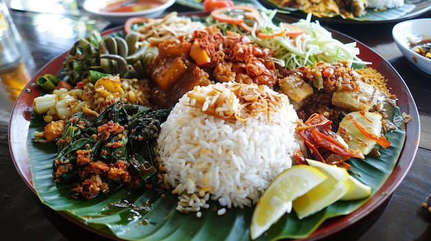 Foto campur nasi bali comida balinesa popular de arroz con platos secundarios de variedad generativo ai