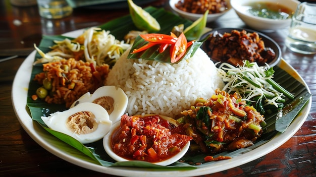 Campur Nasi Bali Refeição balinesa popular de arroz com pratos secundários variados