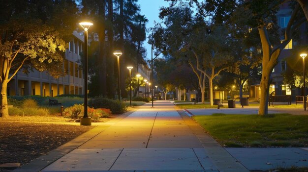 Un campus universitario con caminos bien iluminados, puestos de control de seguridad y estaciones de llamadas de emergencia que crean