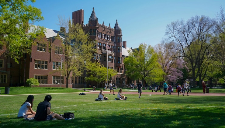 Foto el campus universitario con el gran campo de fotografía los estudiantes se despiertan y chismean en su campus gratis