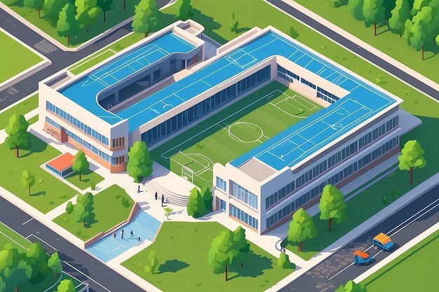 Campus universitário ou edifício escolar isométrico com campo de futebol no pátio e estacionamento