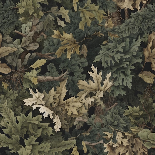 Camuflagem florestal realista Padrão sem costura Coníferas e galhos e folhas de carvalho