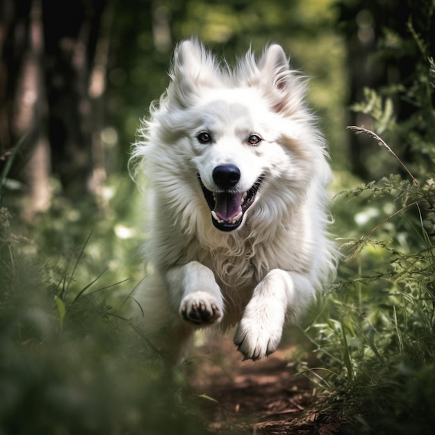 Un can animado corriendo por el bosque.