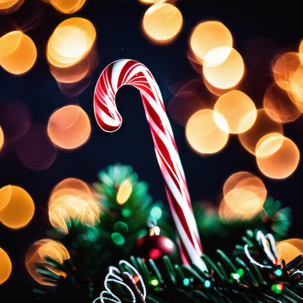 Foto caña de caramelo con árbol de navidad en fondo borroso