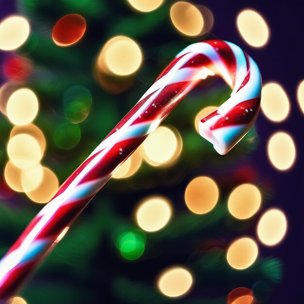 Foto caña de caramelo con árbol de navidad en fondo borroso