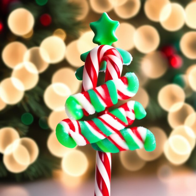 Foto caña de caramelo con árbol de navidad en fondo borroso