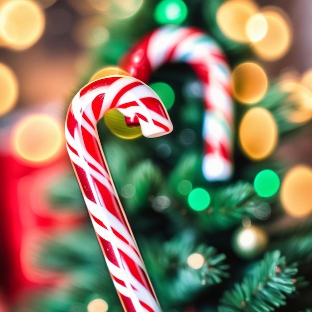 Foto caña de caramelo con árbol de navidad en fondo borroso