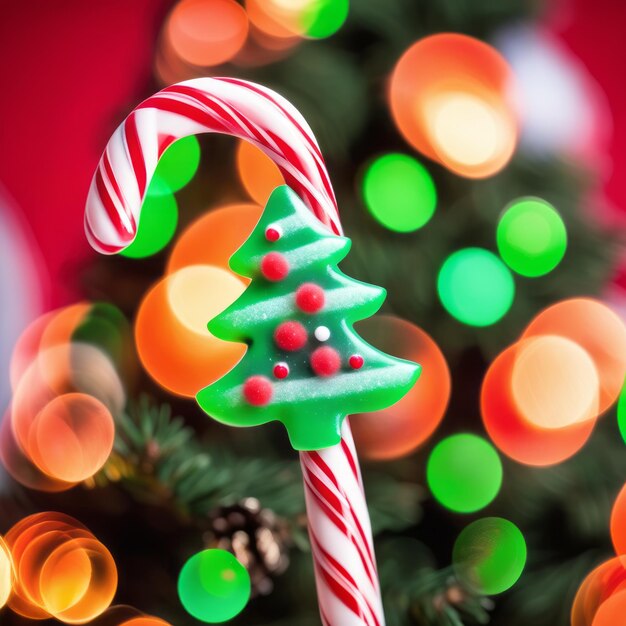 Foto caña de caramelo con árbol de navidad en fondo borroso