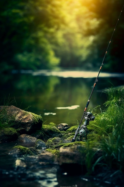 Caña de pesca en el fondo del río IA generativa