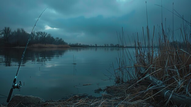 Foto una caña de pescador se sienta en la orilla de un lago al anochecer el cielo es oscuro y nublado y el agua está quieta