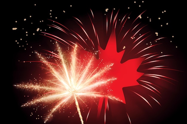 Canada Day Ein rotes Ahornblatt wird vor einem schwarzen Hintergrund mit Feuerwerk beleuchtet