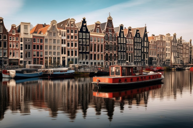 Canais de Amsterdã e casas holandesas tradicionais Holanda Holanda Amsterdã Holanda casas de dança sobre o rio Amstel marco AI Gerado